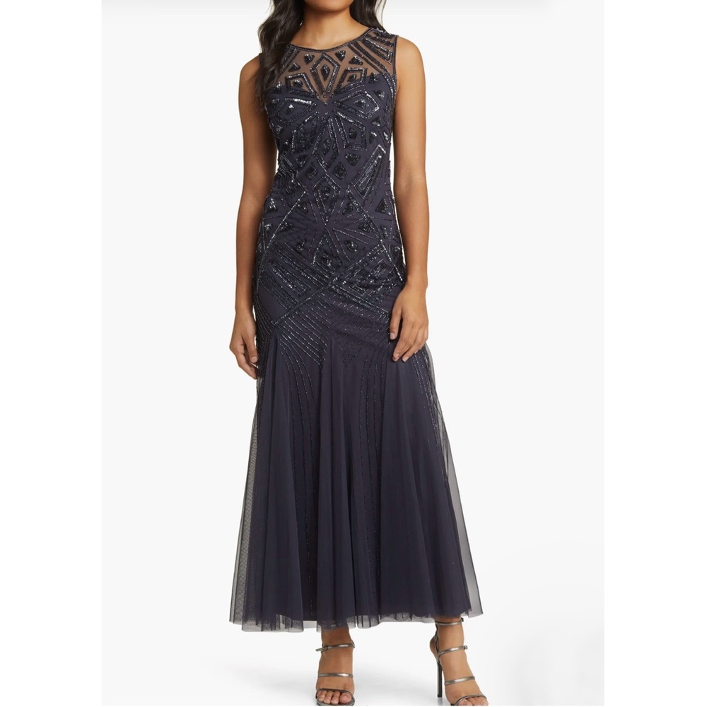 Pisarro Nights Slate Blue Geometric Beaded Sleeveless Gown D-2621 Size 14 - Picture 1 of 13